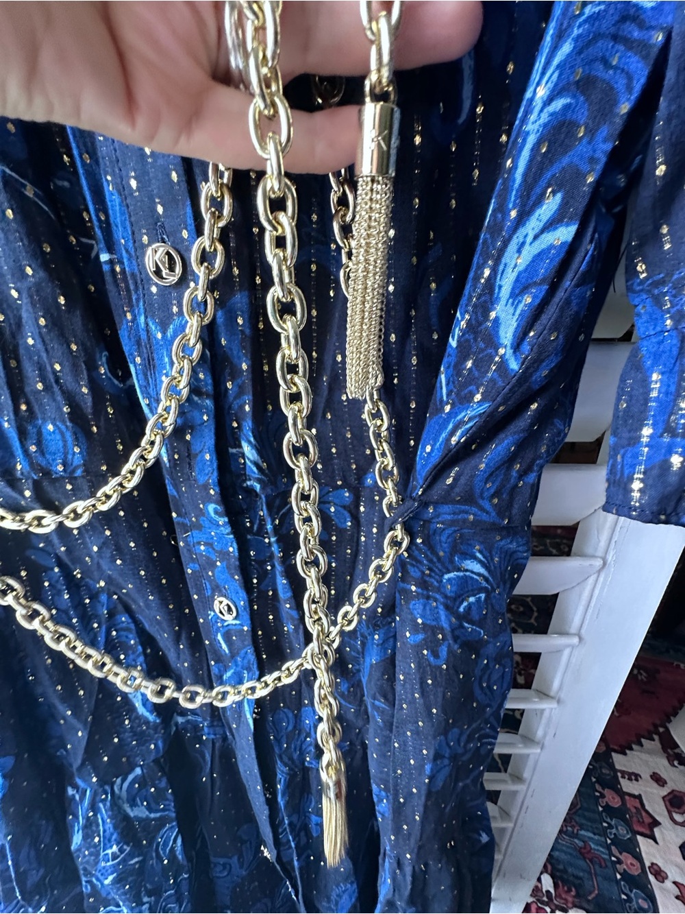 Karl Lagerfeld Black and Navy Floral Midi Dress with Chain Belt - Picture 7 of 9